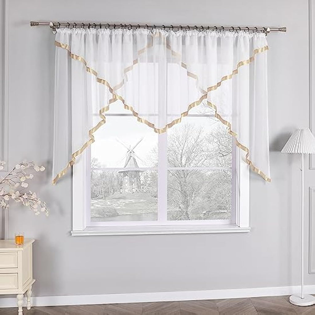 HongYa Voile Curtain with Satin Ribbons and Ruffle Tape - Sand 120x300cm