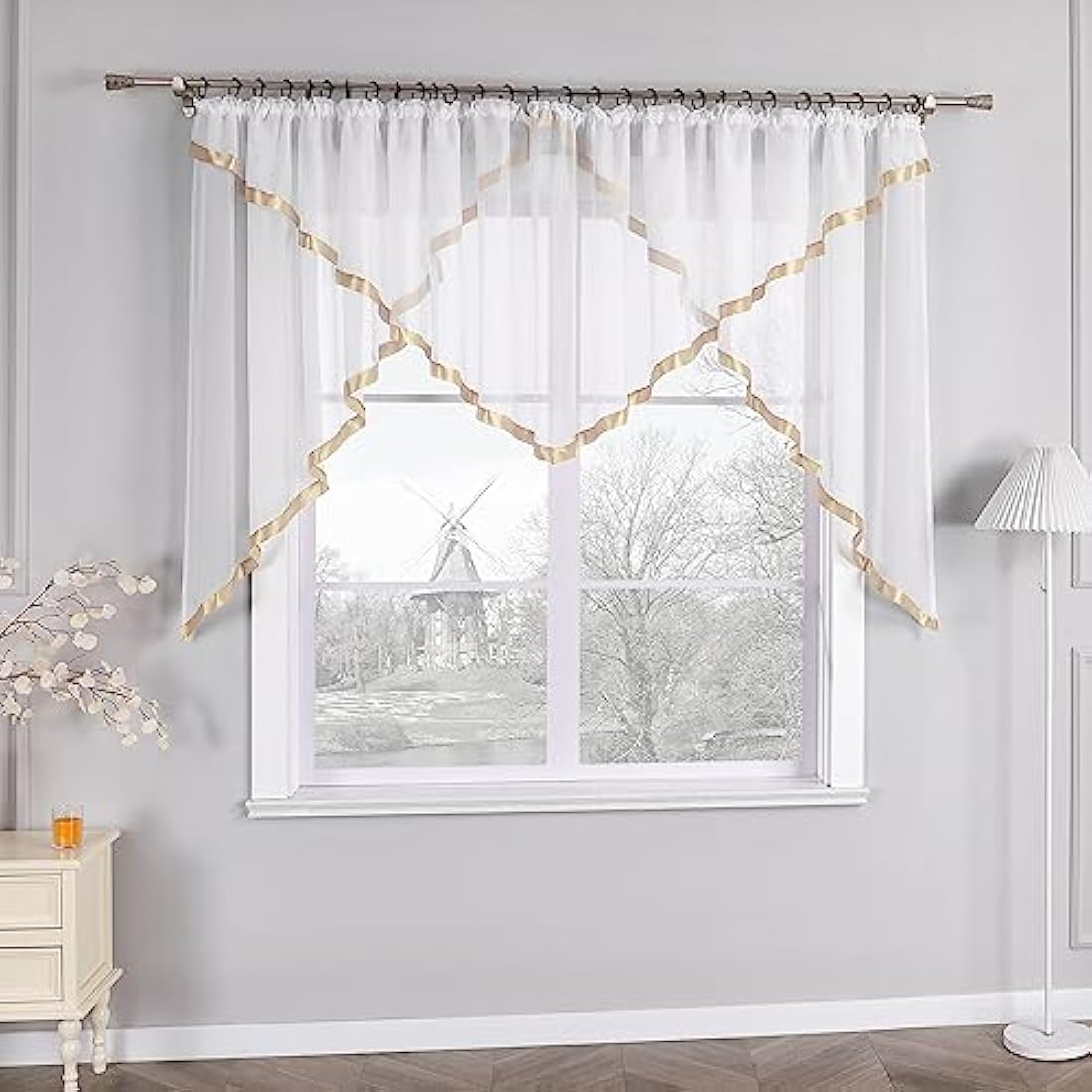 HongYa Voile Curtain with Satin Ribbons and Ruffle Tape - Sand 120x300cm