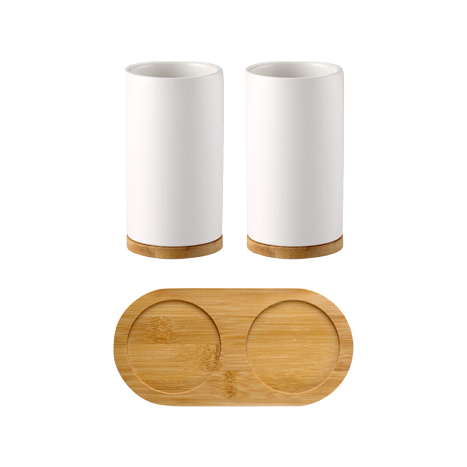 White Ceramic Toothbrush Holder Set with Wooden Base - 2 Pack