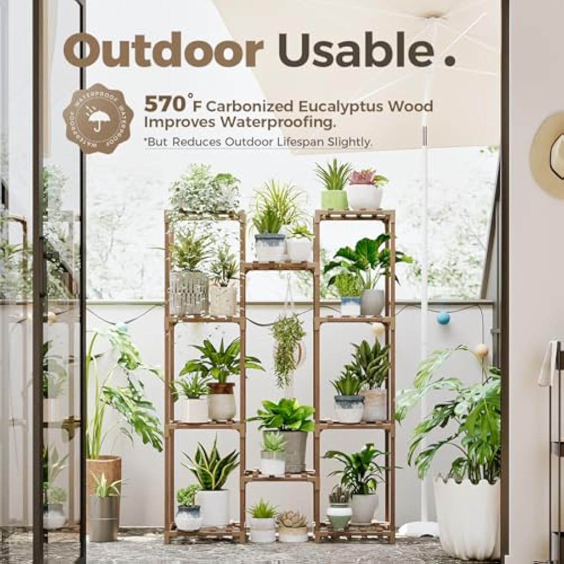 Bamworld 10-Tier Wooden Plant Stand | Large Hanging Flower Shelf - Brown