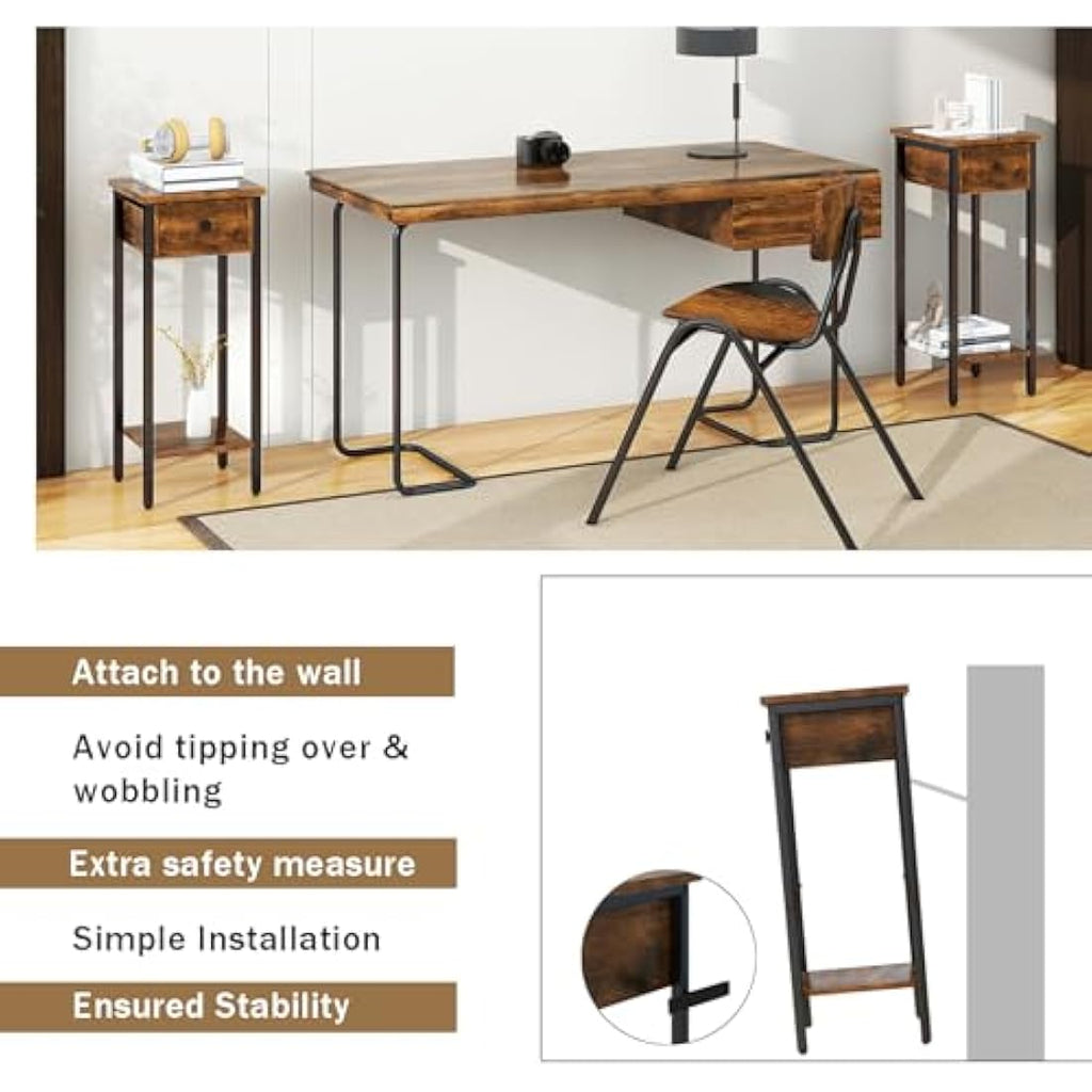 IBUYKE Narrow Nightstand Set of 2 | Slim Industrial Bedside Table, Brown