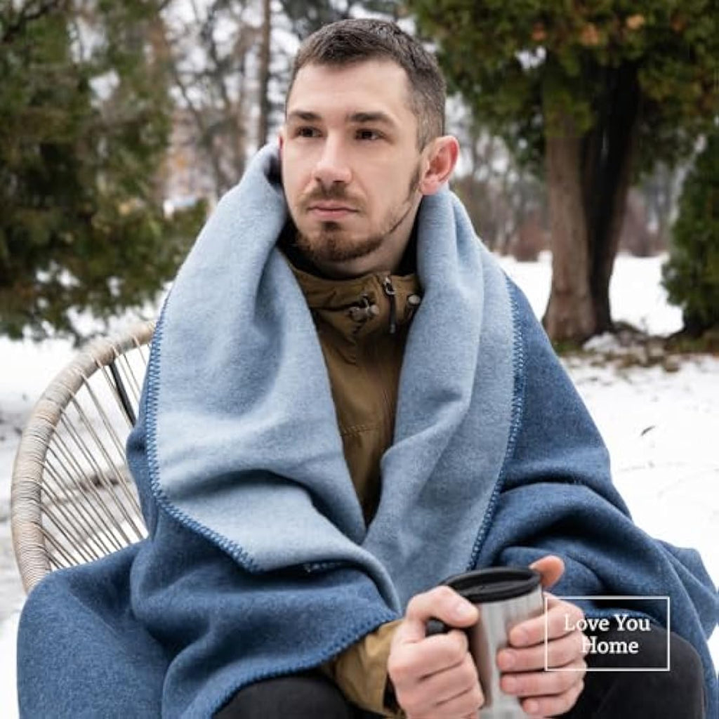 LYHome Merino Wool Travel Blanket – Warm Outdoor Camping Throw, Blue
