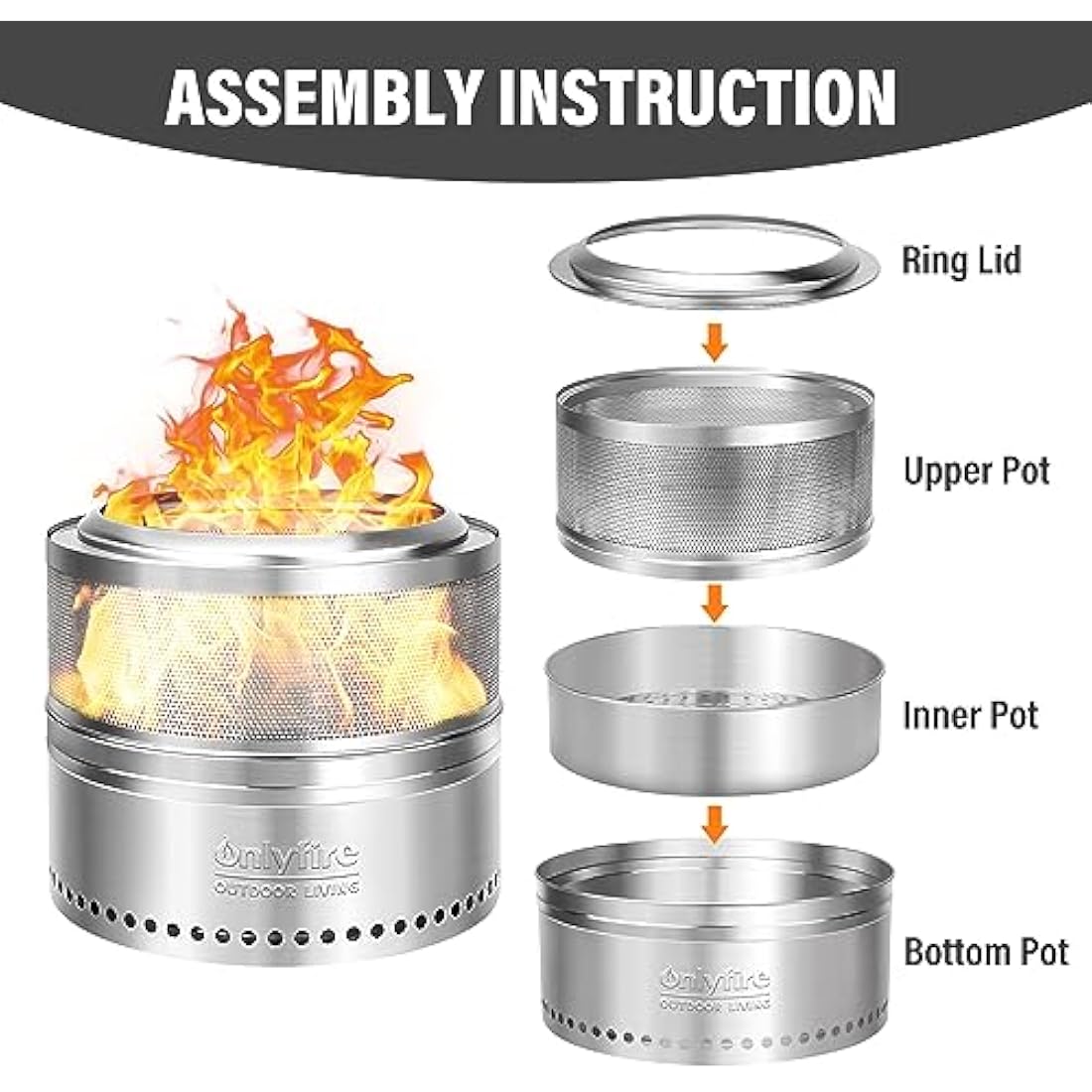Onlyfire 50cm Smokeless Fire Pit | Stainless Steel Outdoor Bonfire Stove