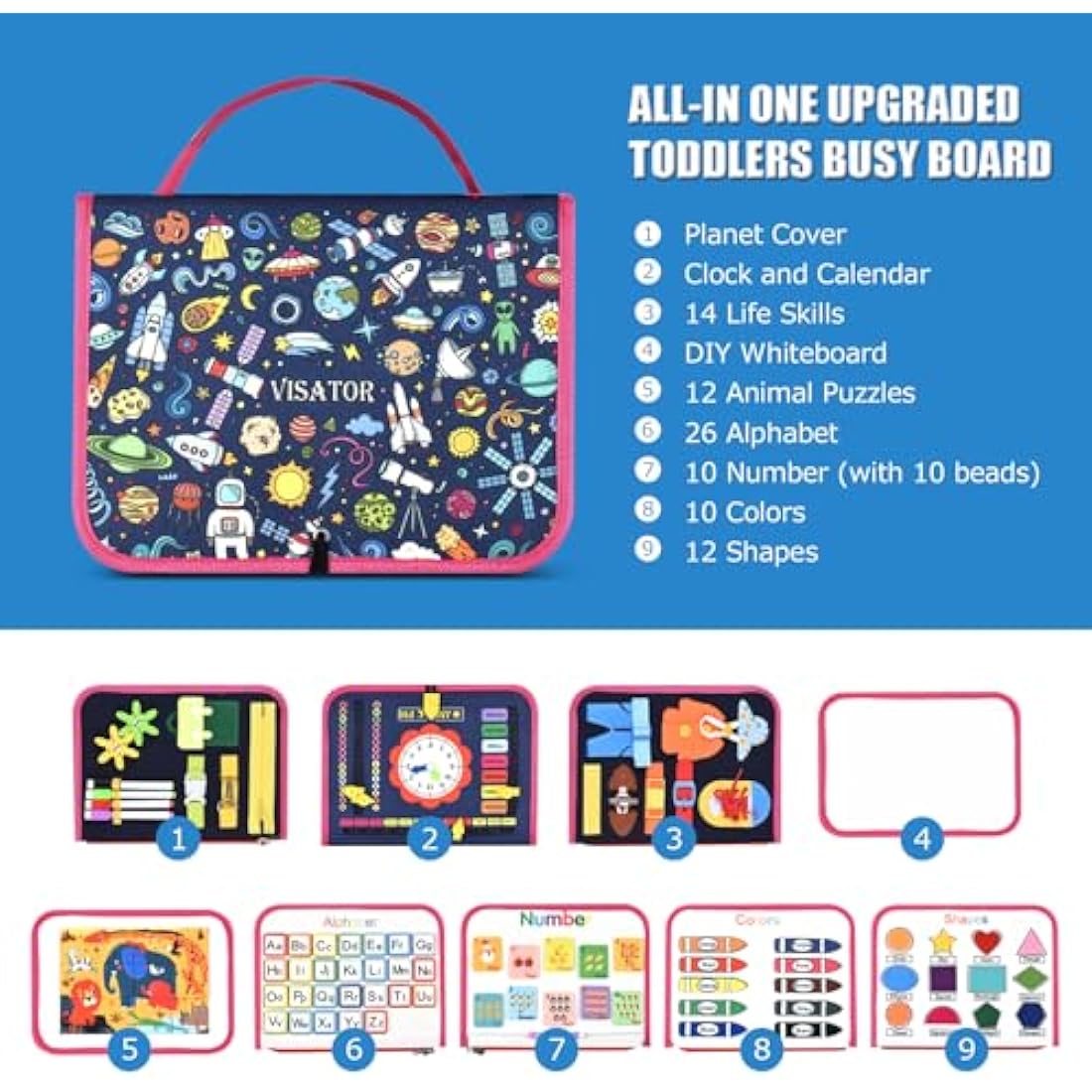 Jolof Store Montessori Busy Board – Sensory Toddler Travel Toy (Dark Blue)