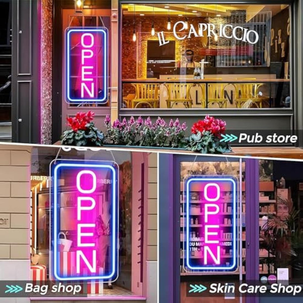 LightingWill LED Neon Open Sign | 23x12 Vertical Blue & Pink Business Sign