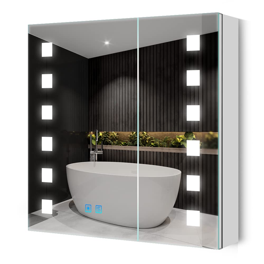 Quavikey LED Bathroom Mirror Cabinet | 2-Door Grey Shaver Socket & Demister