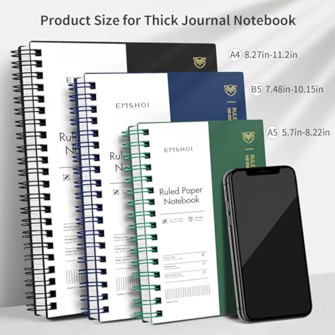 EMSHOI B5 Spiral Notebook | 300 Pages Lined Journal | 100gsm Thick Paper