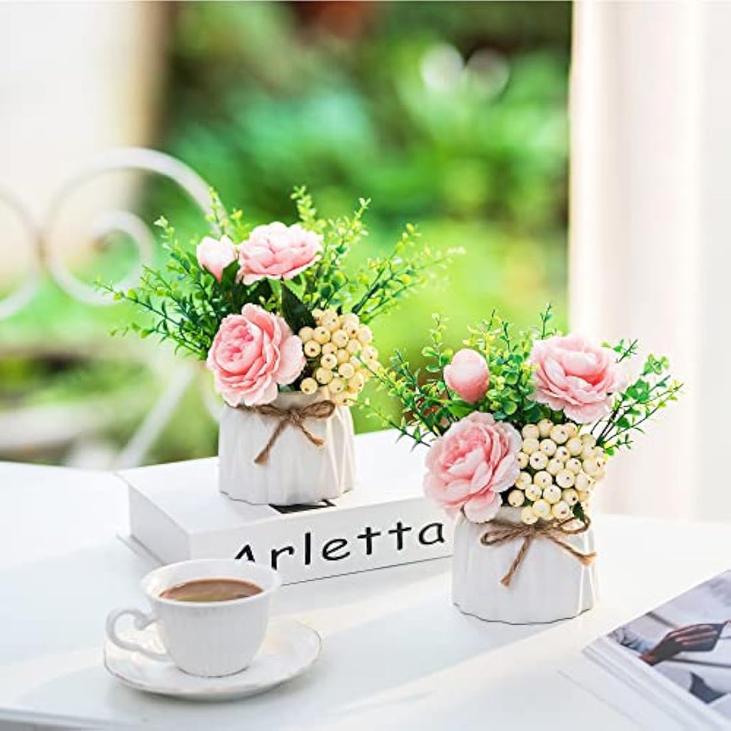 Blosmon Artificial Pink Silk Roses in Ceramic Vases - 2 Piece Table Decor