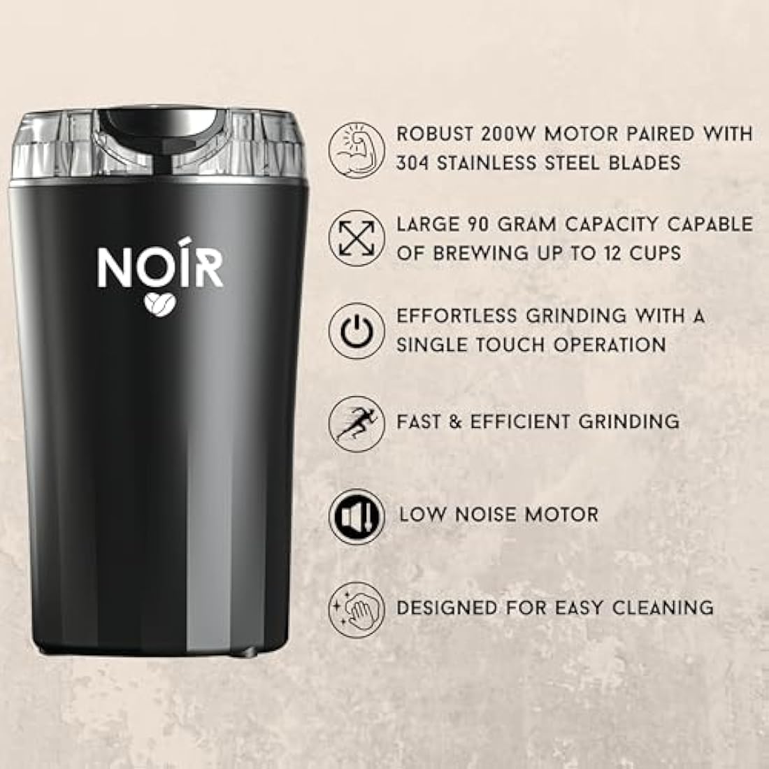 NOÍR Electric Coffee & Spice Grinder | 200W Motor & 90g Capacity