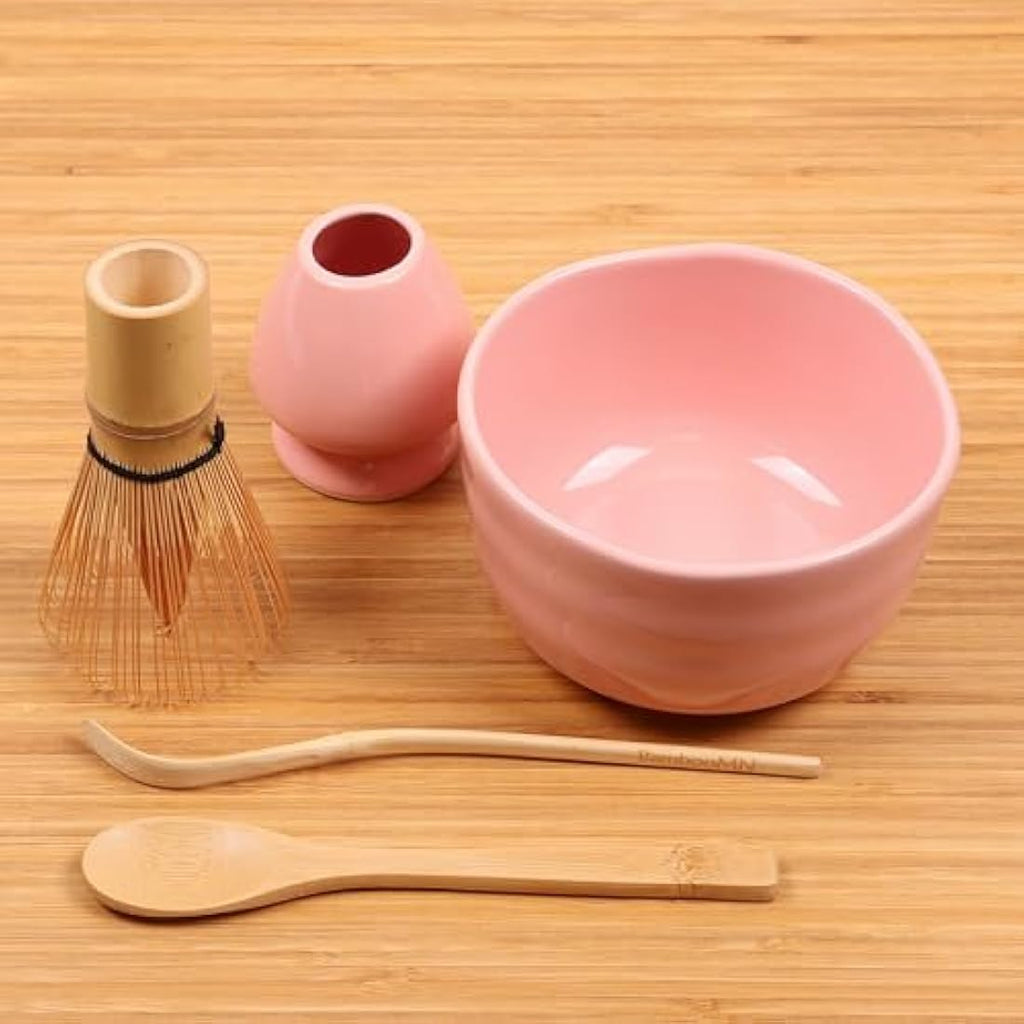 BambooMN Pink Matcha Bowl Set - 5-Piece Ceramic and Bamboo Tea Kit