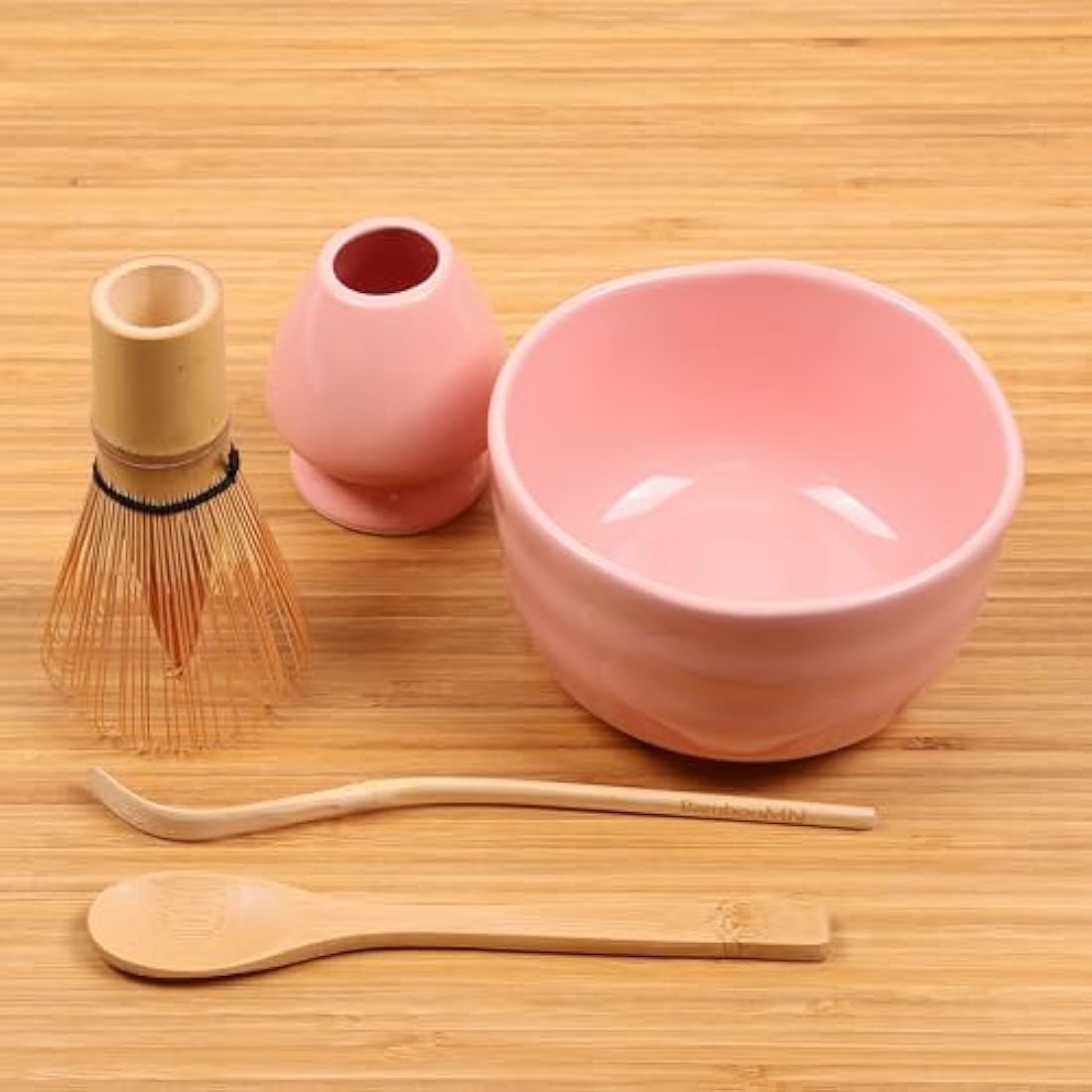 BambooMN Pink Matcha Bowl Set - 5-Piece Ceramic and Bamboo Tea Kit