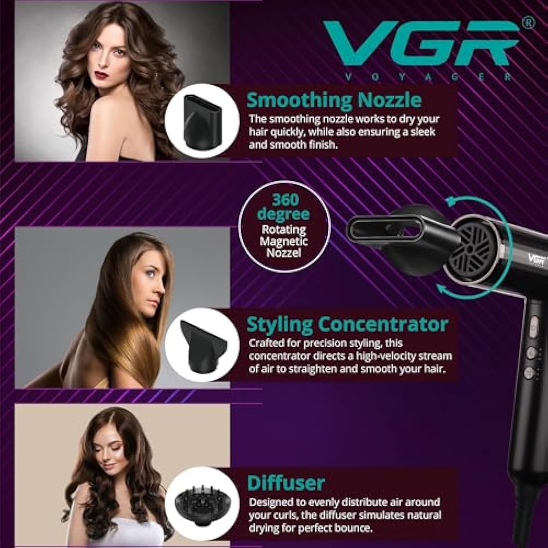 VGR Professional Ionic Hair Dryer – 11000 RPM Brushless Motor