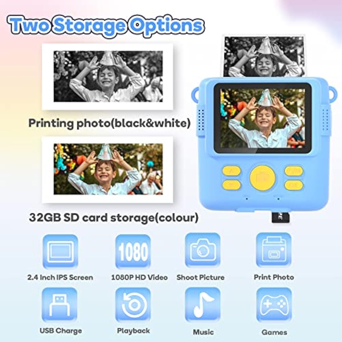 OPERHOO Kids Instant Print Camera | 1080P HD Digital Toy with 32GB SD Card