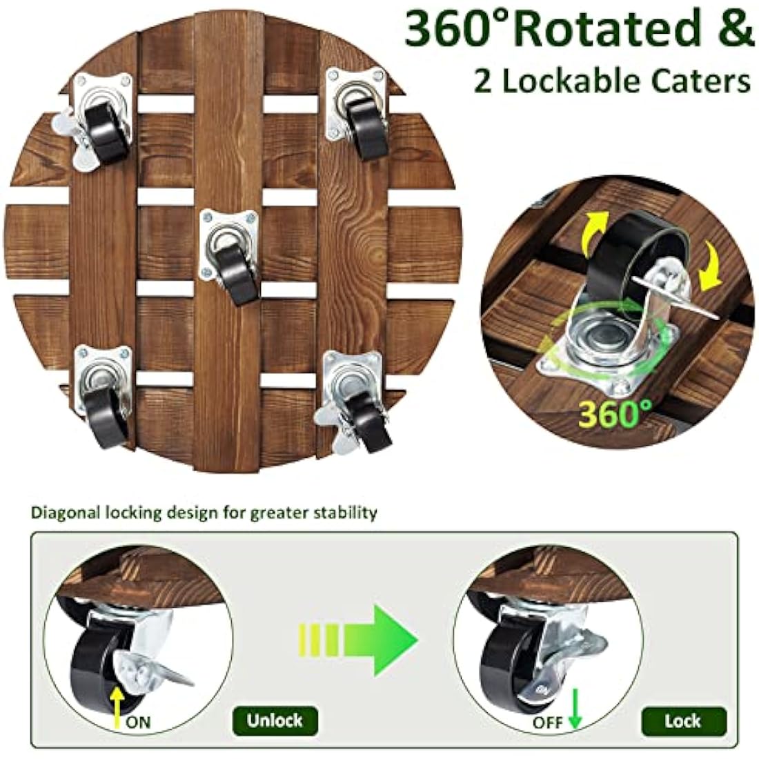 Yangbaga 12" Wood Plant Caddy | 2-Pack Heavy Duty Rolling Stand