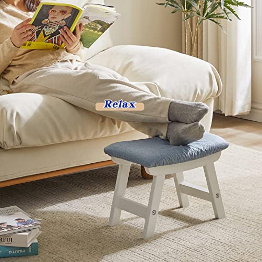 Jolof Store Wooden Footstool – Padded Beech Wood Ottoman with Blue Cushion