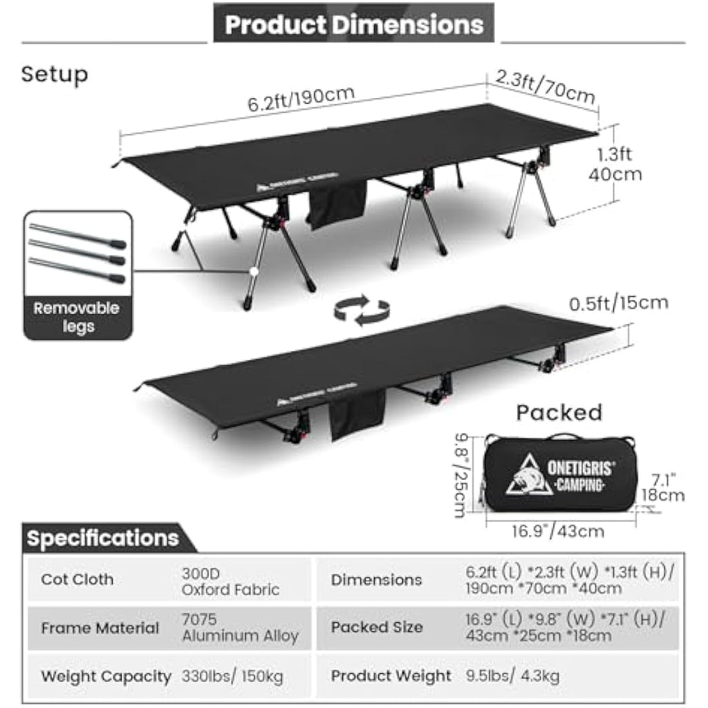 OneTigris SUPRANUBIS Camping Cot – Height Adjustable Folding Bed, Black