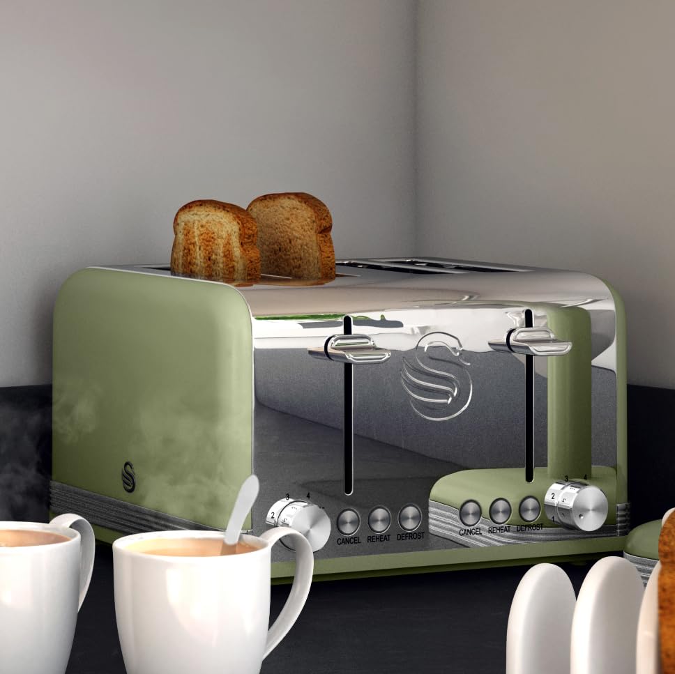 Swan Retro 4-Slice Toaster – 1600W with 6 Browning Levels, Green