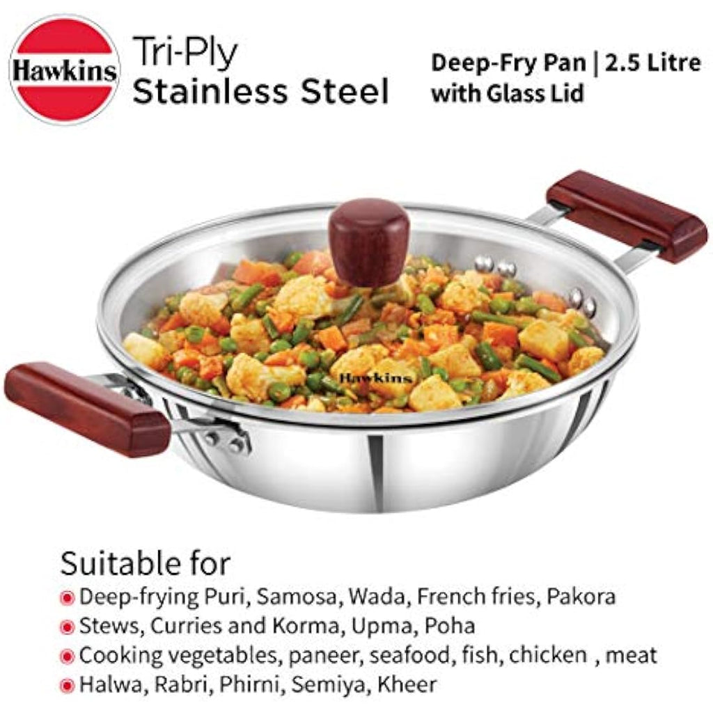 Hawkins Triply Stainless Steel Deep Fry Pan Kadai with Glass Lid, 2.5L