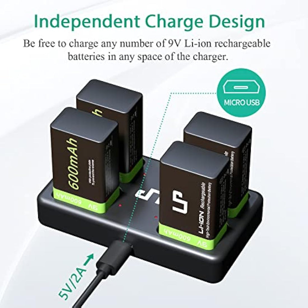 LP 9V Rechargeable Li-ion Battery 4-Pack with 4-Bay USB Charger
