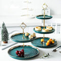 MEETOZ 2-Set Round Porcelain Tiered Cupcake Stand with Gold Rod - Green