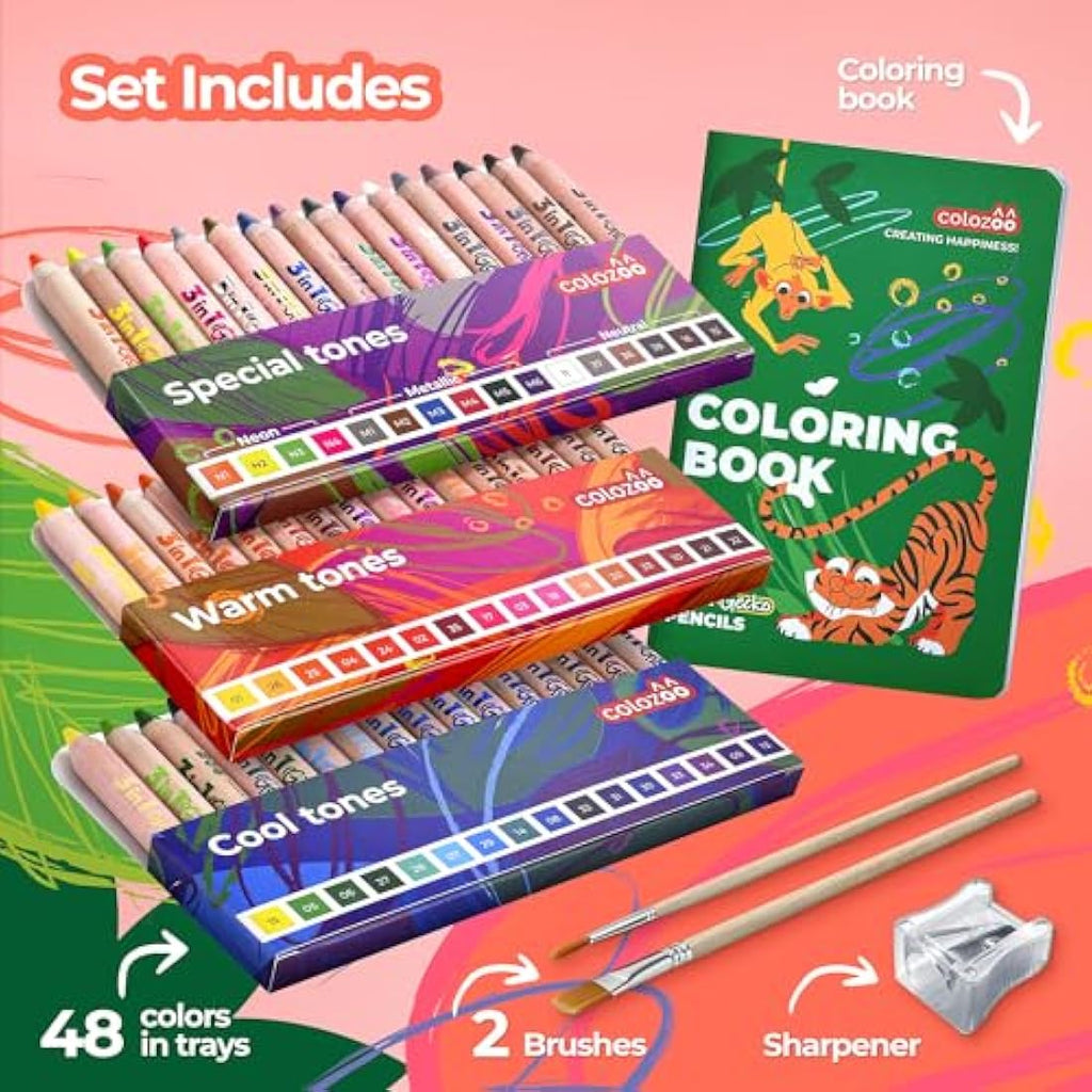 Colozoo Gecko 3-in-1 Kids' Pencil Set | 48 Watercolor Pencils & Book