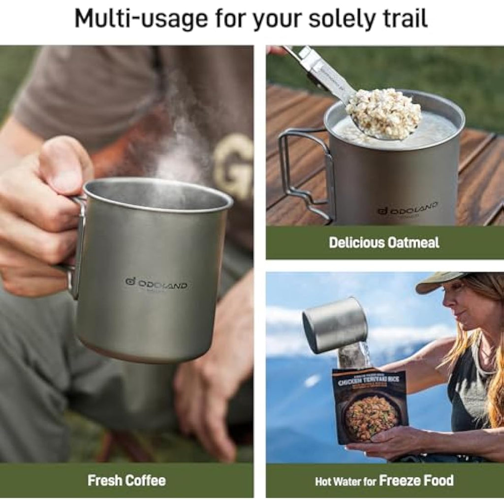 Odoland 750ml Titanium Camping Mug with Lid and Spork | Ultralight