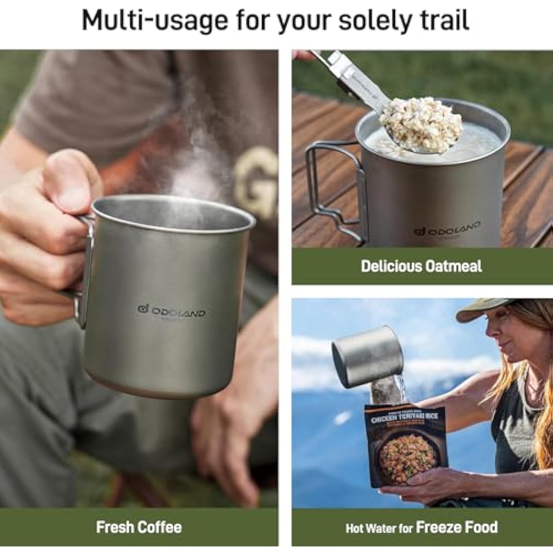 Odoland 750ml Titanium Camping Mug with Lid and Spork | Ultralight
