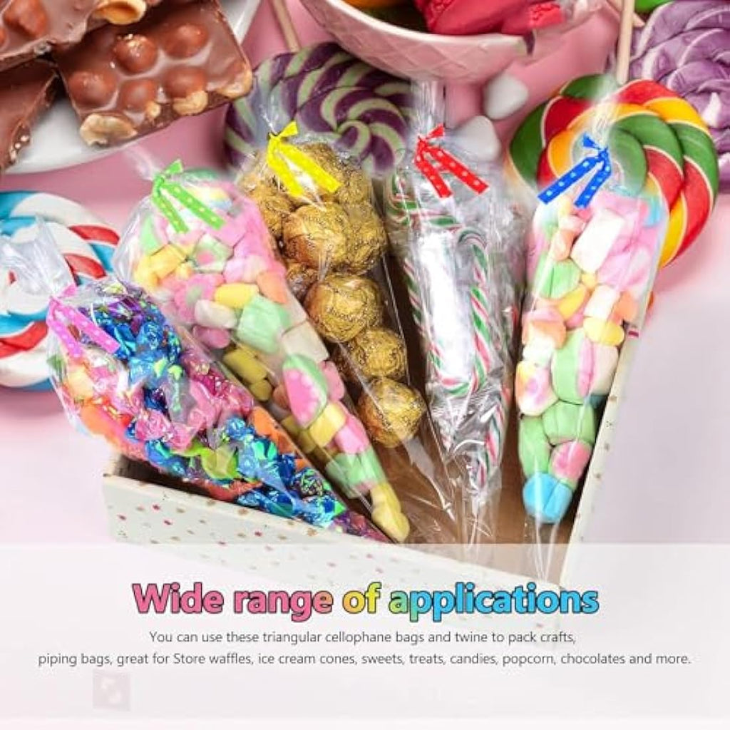 200pcs Clear Cellophane Cone Bags with Ties for Sweets & Gifts