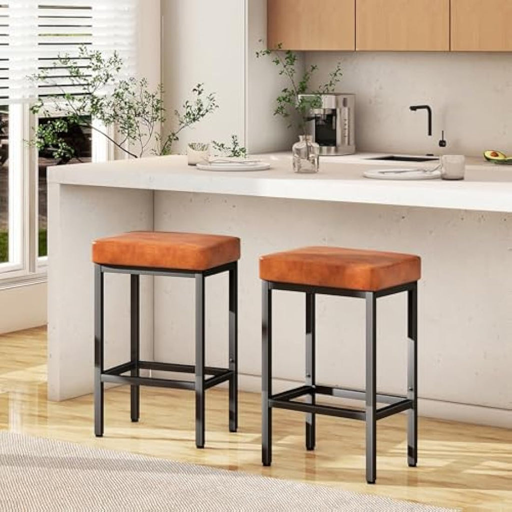 YMYNY Bar Stools Set of 2 – 66cm PU Leather Counter Stools, Caramel Brown