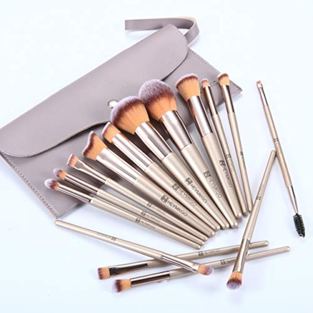 HEYMKGO 15 Pcs Professional Makeup Brush Set with Bag – Champagne Gold