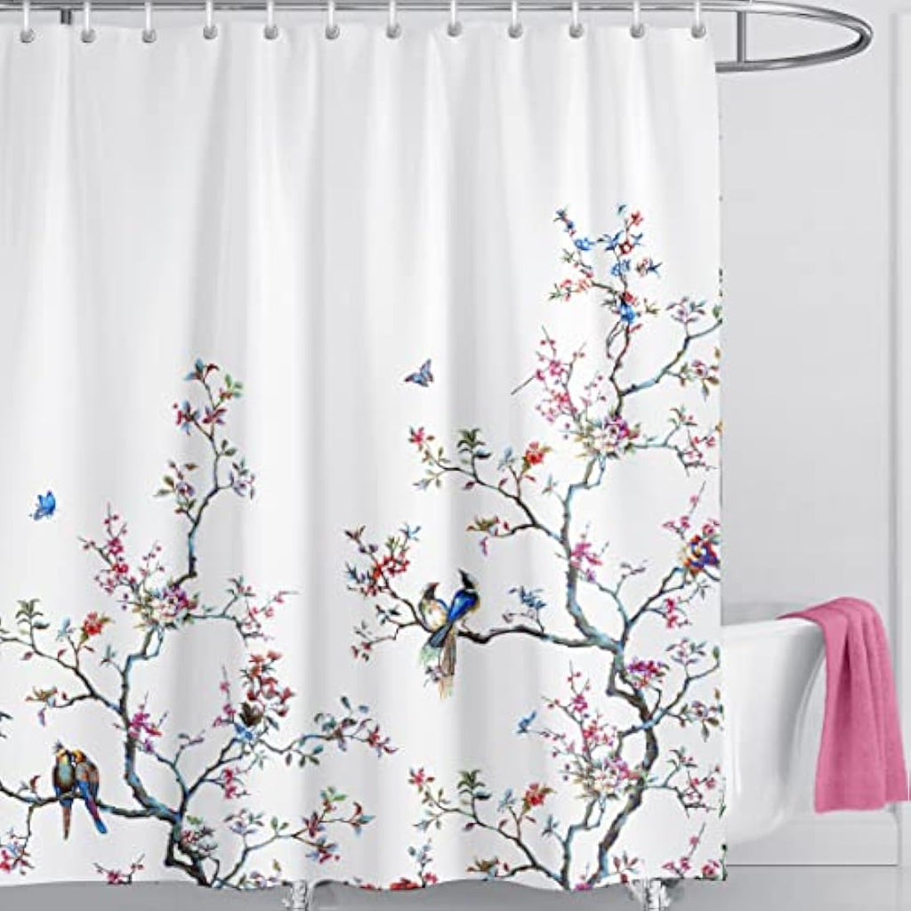 LIVETTY Floral Bird Shower Curtain | 180x180cm Waterproof Fabric with Hooks