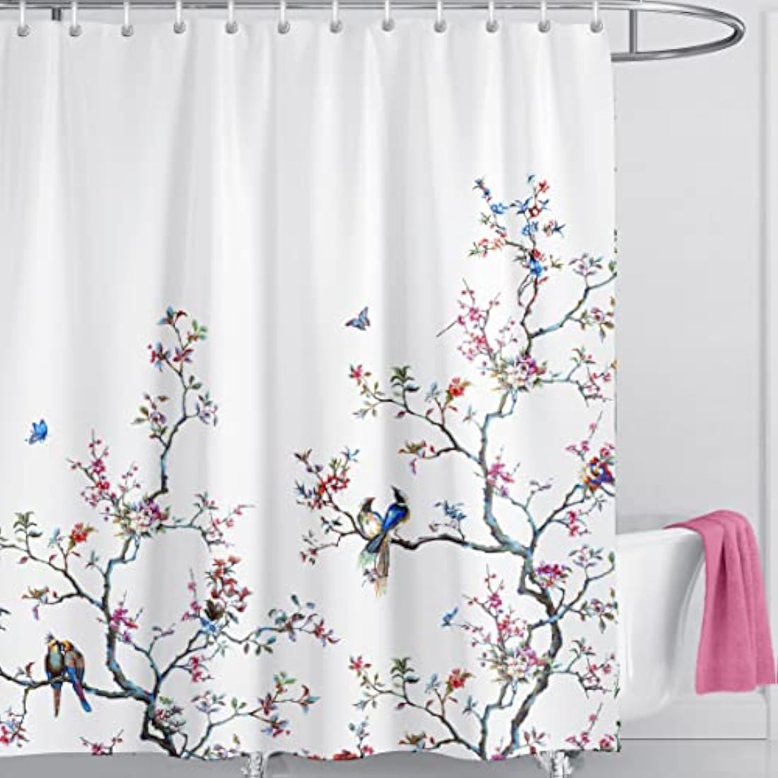 LIVETTY Floral Bird Shower Curtain | 180x180cm Waterproof Fabric with Hooks