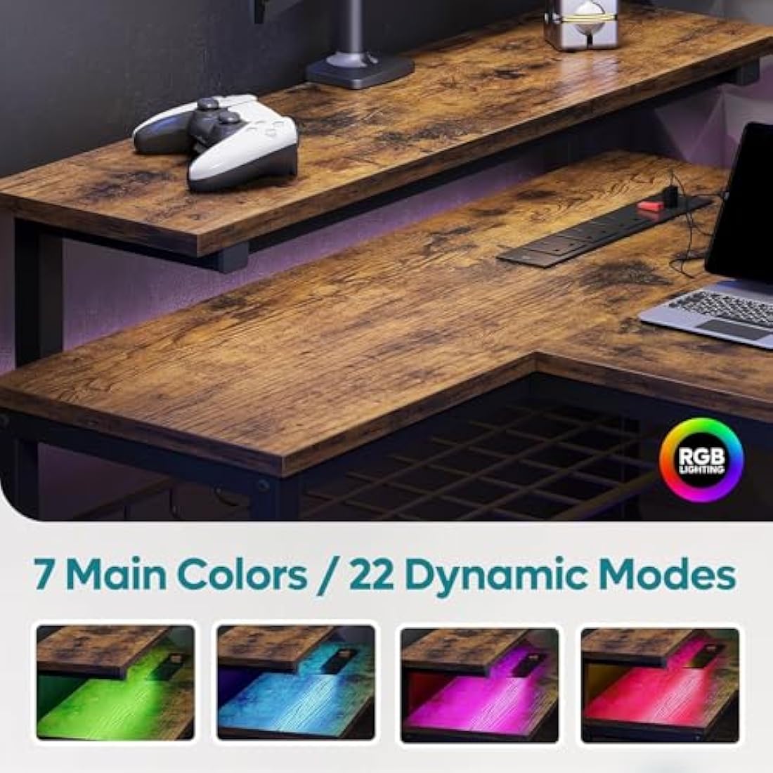147CM L-Shaped Gaming Desk with LED Lights & Power Outlets