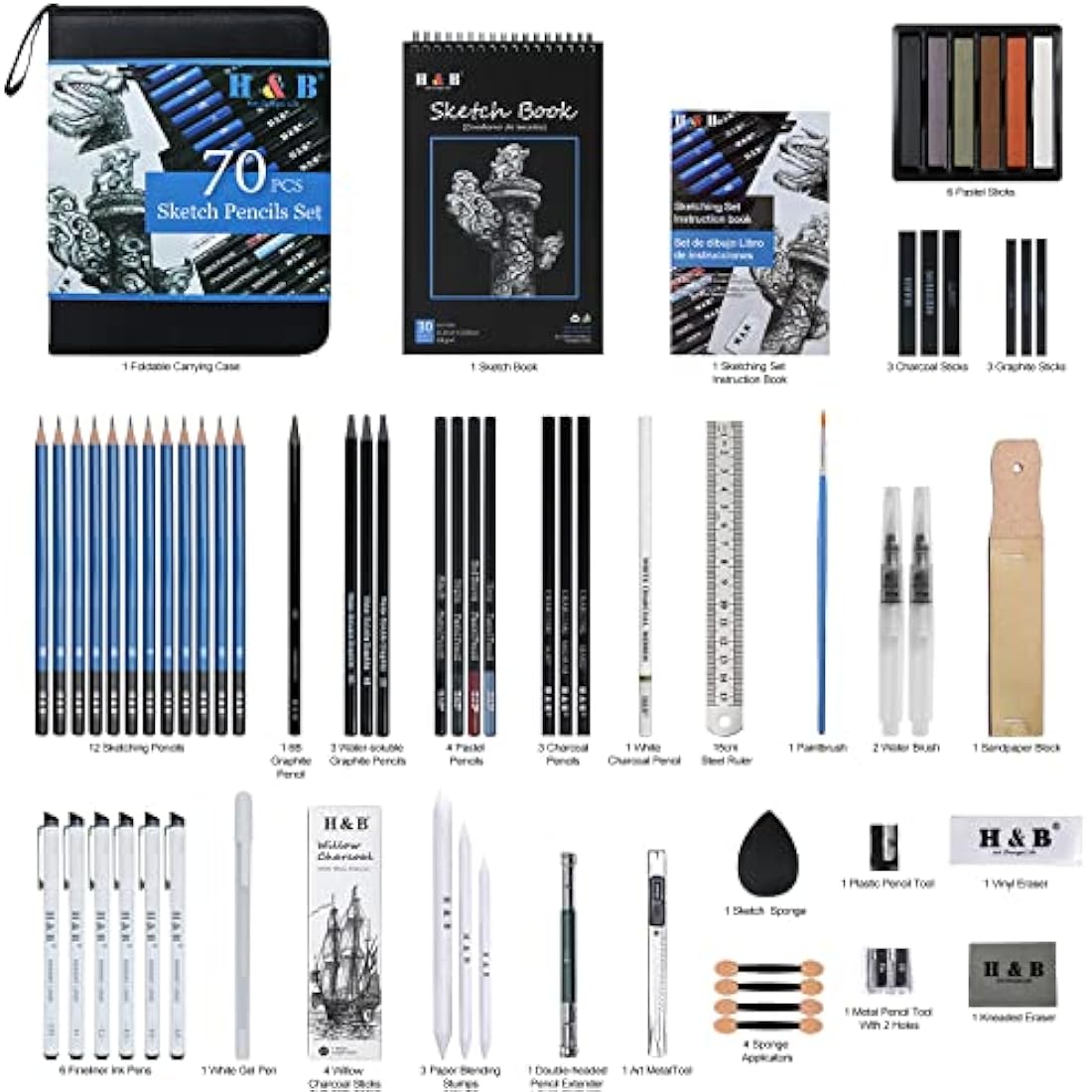 H & B 70-Piece Professional Sketching Pencil Set with Sketchbook & Case