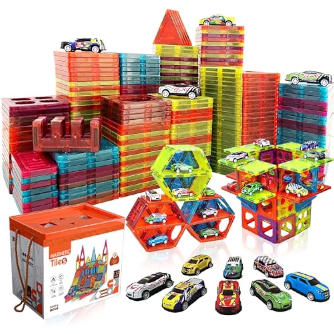 BUBUQE Magnetic Tiles Building Blocks Set with 10 Metal Cars - 105pc