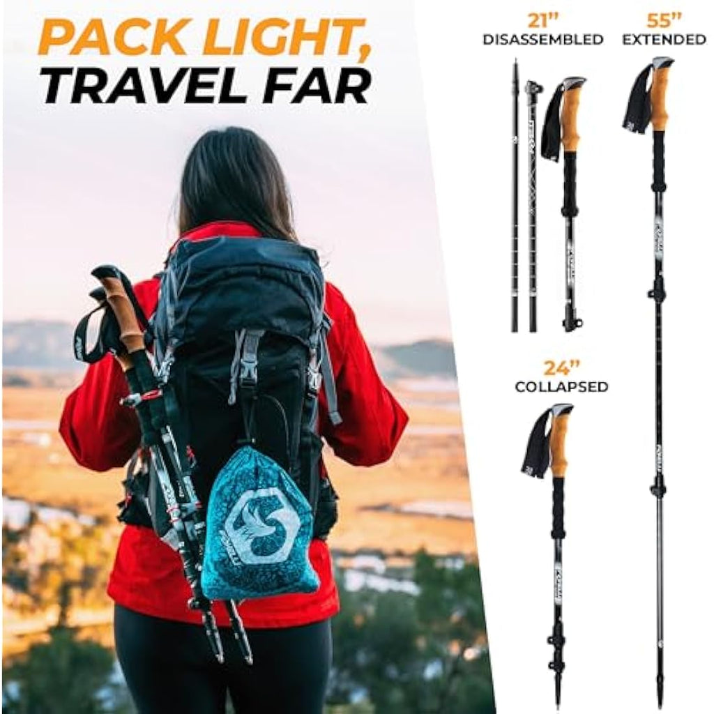 Foxelli Carbon Fiber Trekking Poles – Lightweight Collapsible Hiking Sticks