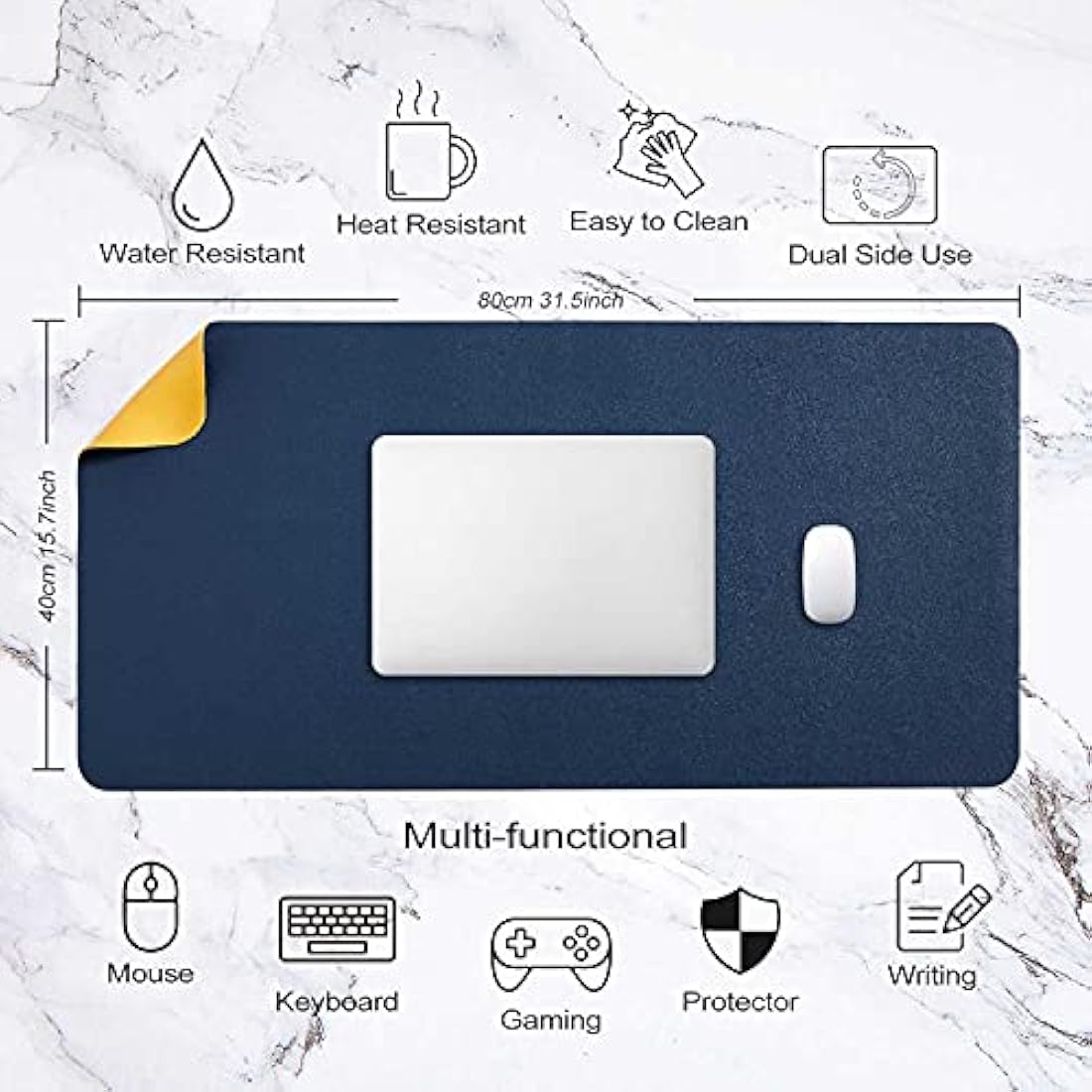 DOBAOJIA Large PU Leather Desk Pad - Waterproof Mouse Mat, Navy/Yellow