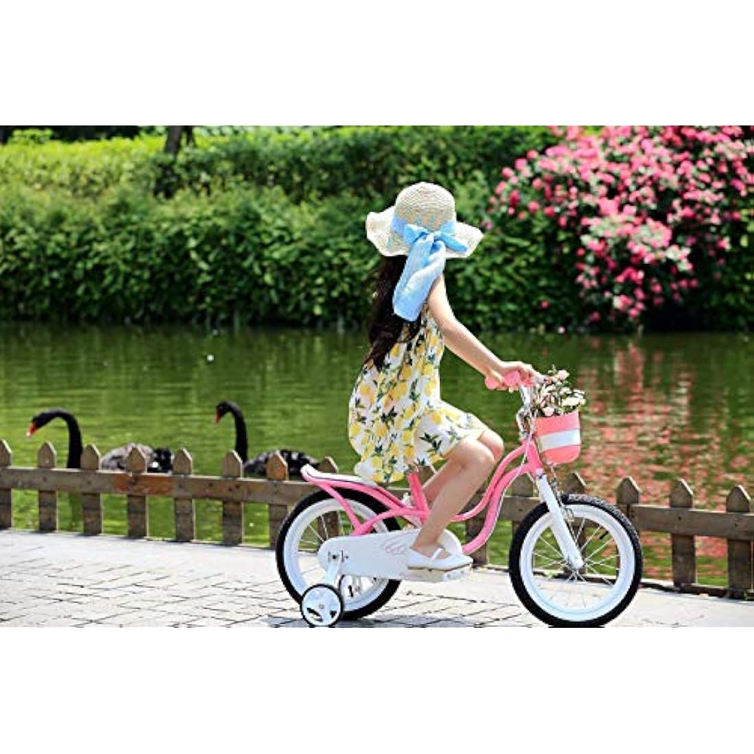 RoyalBaby Pink Swan Girls Kids Bike | 14 Inch Steel Bicycle with Basket