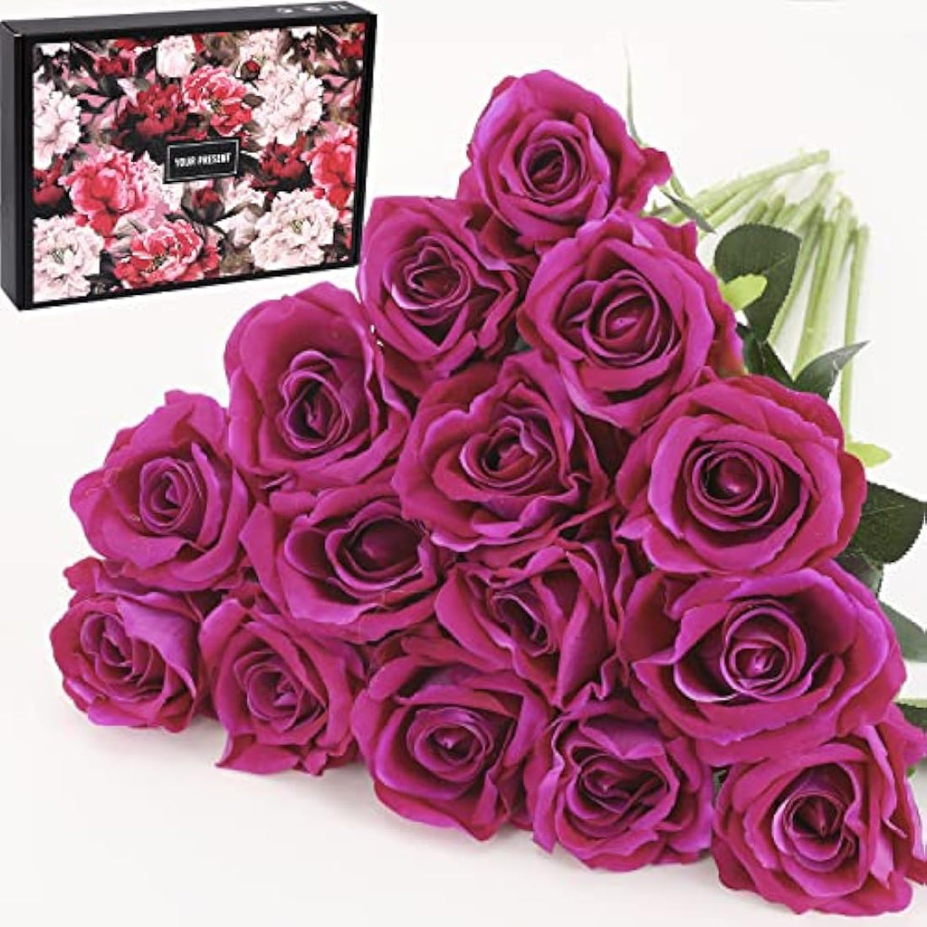 Cloudecor Purple Velvet Artificial Roses - 15Pcs Long Stem Silk Flowers