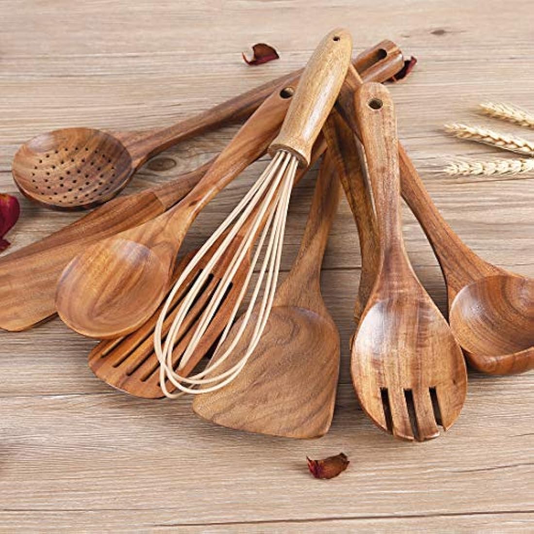 Jolof Store 11-Piece Natural Teak Wood Kitchen Utensil Set with Holder