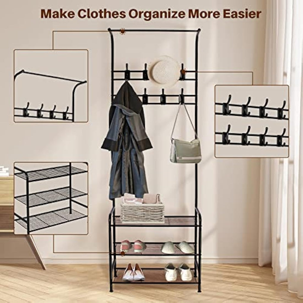 Innotic 3-Tier Shoe and Coat Rack Stand | 16 Hooks Matte Steel Organizer