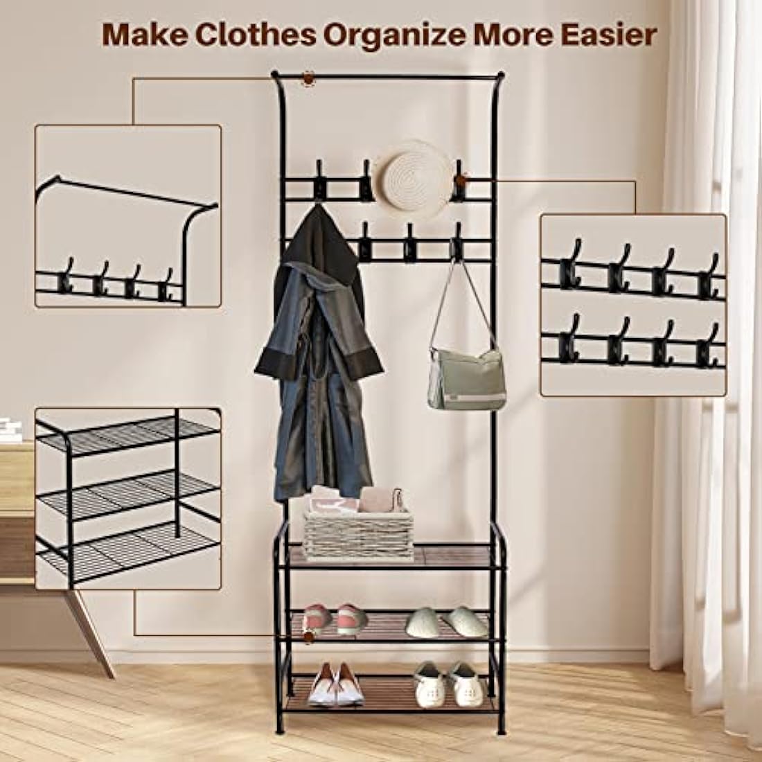 Innotic 3-Tier Shoe and Coat Rack Stand | 16 Hooks Matte Steel Organizer