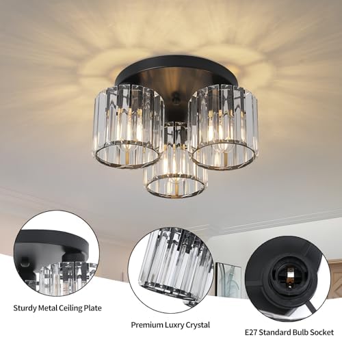 Jolof Store Modern 3-Light Crystal Chandelier – Black Semi Flush Mount