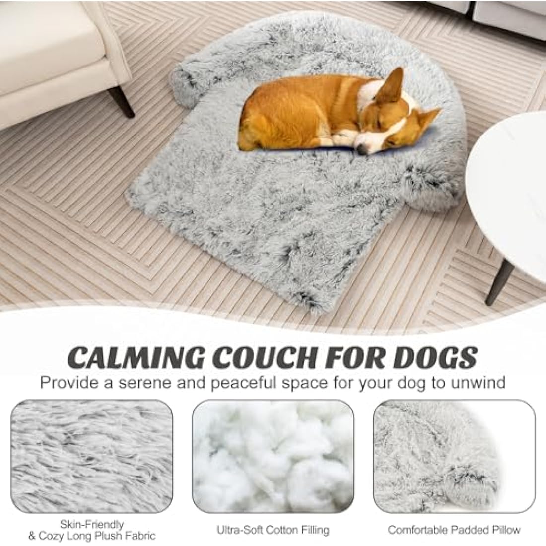 Costway Plush Dog Sofa Bed – Washable Calming Pet Couch, Grey White