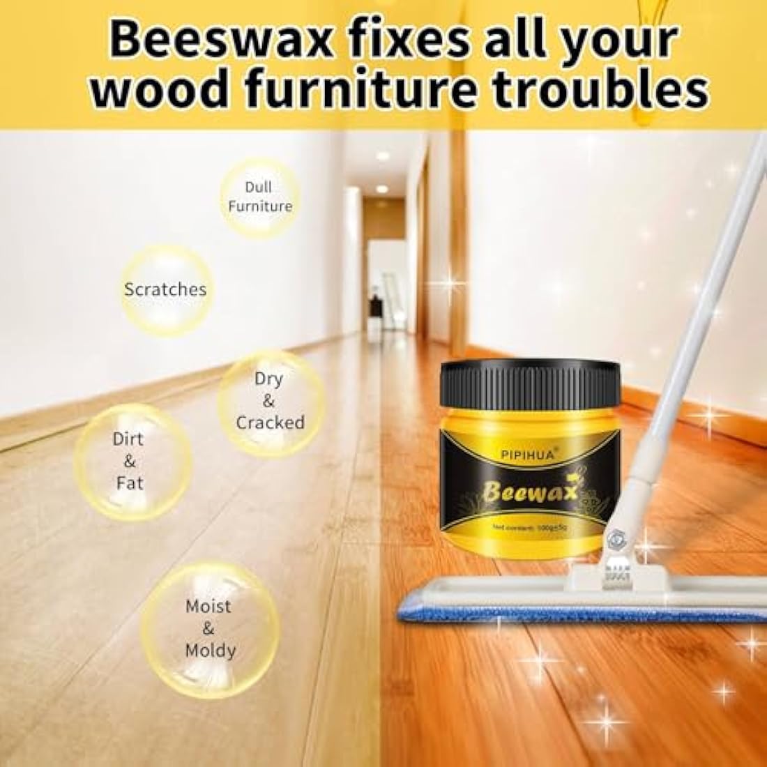 PIPIHUA Natural Beeswax Wood Polish - 4x100g Furniture Wax with 8 Sponges