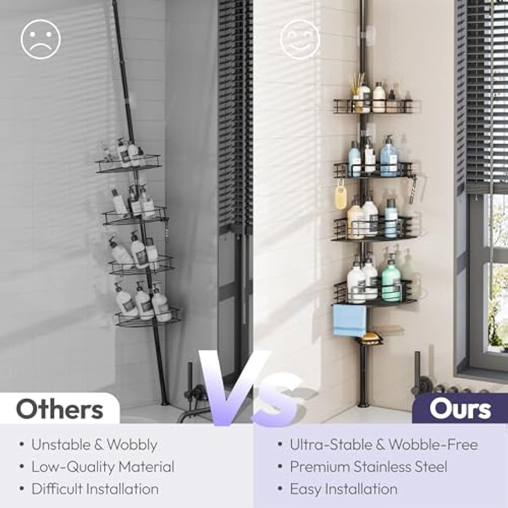 SWTYMIKI Tension Pole Shower Caddy – Rustproof Corner Shelf with 4 Baskets