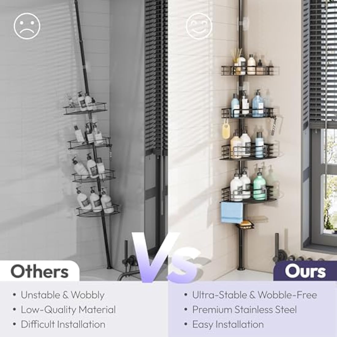 SWTYMIKI Tension Pole Shower Caddy – Rustproof Corner Shelf with 4 Baskets