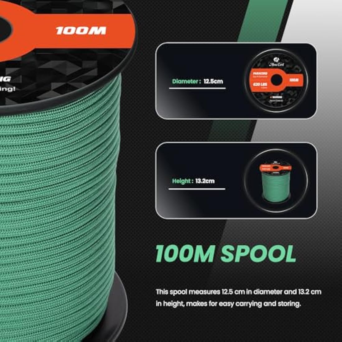 Abma Cord 4mm Type III Nylon Paracord – 100m 9-Strand Rope, Kelly Green