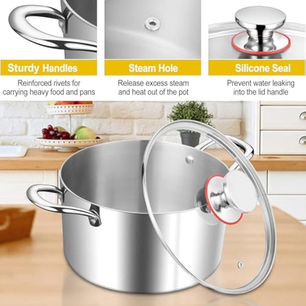 Jolof Store 5.8L Tri-Ply Stainless Steel Stock Pot with Glass Lid