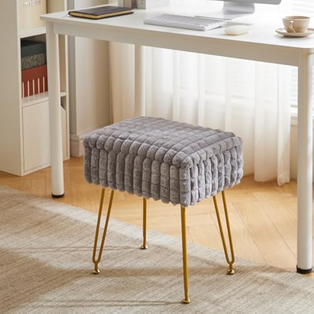 IBUYKE Grey Vanity Stool with Storage – Modern Ottoman Footrest Chair
